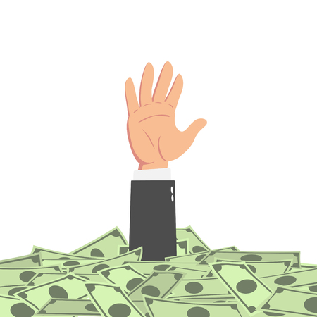 Hand of businessman raising from money pile isolated on white backgroundのイラスト素材