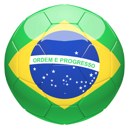 Soccer football with Brazil flag 3d rendering isolated on white backgroundの写真素材