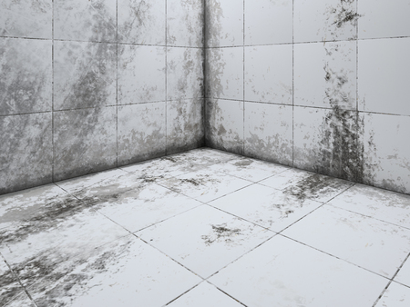 Dirty white tile floor corner 3D rendering perspectiveの写真素材
