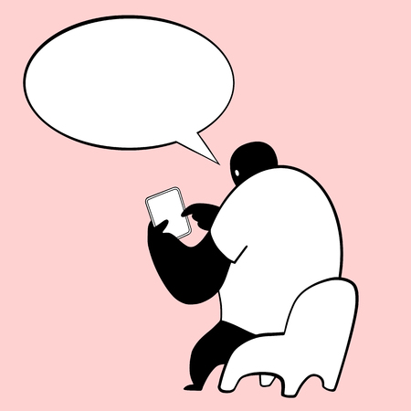 Black man sitting on the chair playing tablet pad engaged an internet surfing using application to press a finger on the display screen with speak bubble isolated on pink color background vector illustrationのイラスト素材