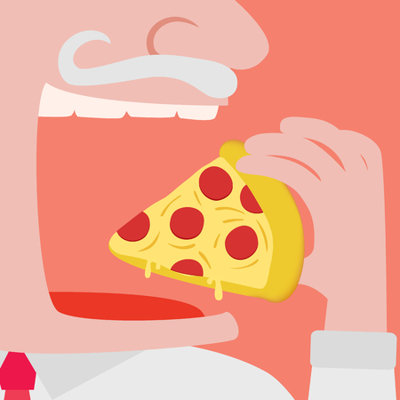 Close up of a Man eating a Pizza vector comic illustrationのイラスト素材