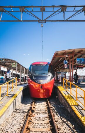 KAWAGUCHIKO,JAPAN 14 MAR 2019 Front view of Fujisan view express parking at Kawaguchiko Station on a clear blue sky dayのeditorial素材