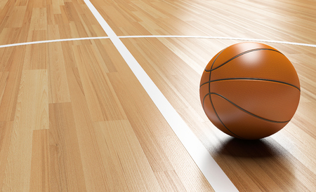 Basketball on Wooden Court Floor close up with light reflection 3D renderingの写真素材