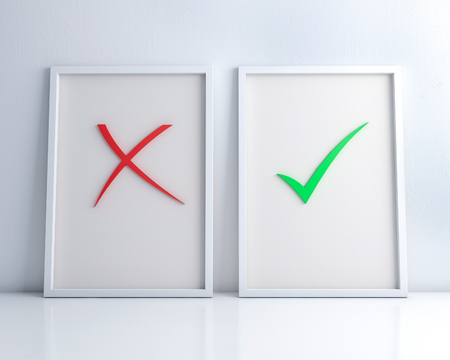 White frames with Green check mark and red cross on the white floor and wall  3d rendering.right and wrong.graphic conceptの写真素材