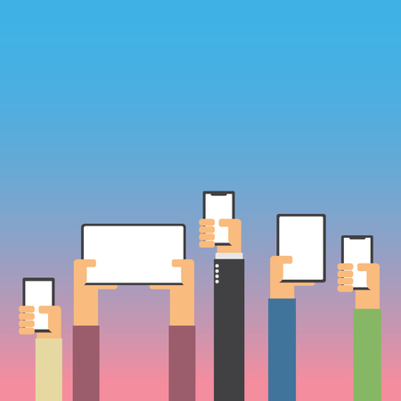Hands raising with smartphone and tablet flat design with copy spaceのイラスト素材