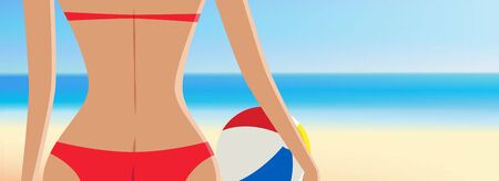 Close up of pretty girl in red bikini with beach ball in font of the beautiful tropical beach vector illustration with copyspaceのイラスト素材