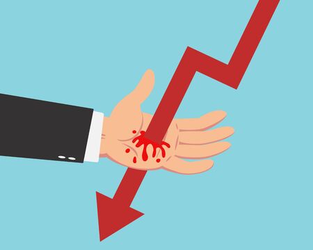 Hand of businessman get pierced by red falling down line graph with red bleeding blood isolated on blue backgroundのイラスト素材