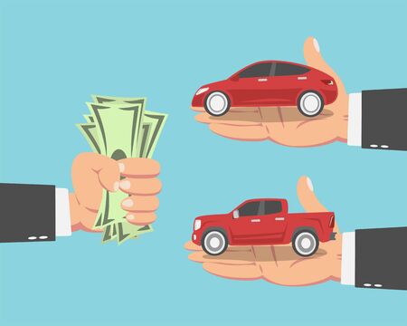 Hand of businessman with money and a Pickup truck and a red Car isolated on blue background. vector illustrationのイラスト素材