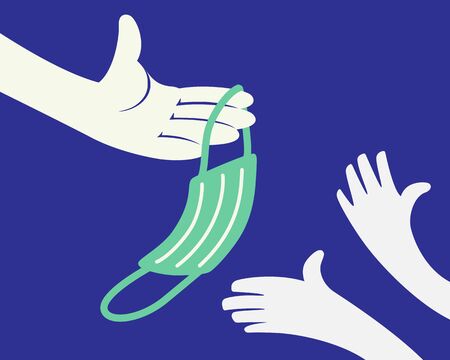 Close up of hand holding a protective face mask and hands of children on solid background.Health Donate protection concept.Epidemic pathogen respiratory coronavirus.のイラスト素材