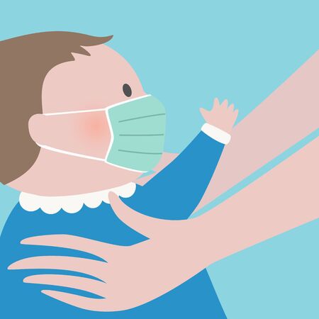 Close up of woman hands holding a baby with green protective face mask.Epidemic disease concept.Maternity virus spreading protection.air pollution face mask.vector illustration.のイラスト素材