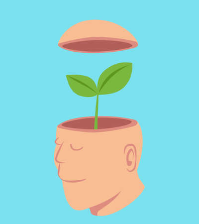 Man with a little tree in his open head, idea concept cartoon isolated on pastel color background vector illustration.のイラスト素材