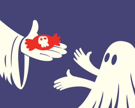 Close up of hand holding red Halloween candy and a children with white ghost costume on purple backgroundのイラスト素材