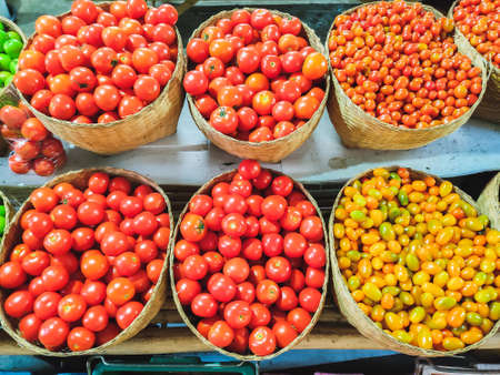 Varieties of fresh organic tomatoes in basket at the market. Healthy eating conceptの写真素材
