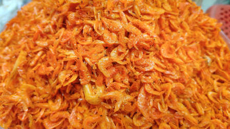 Dried small shrimp.Dried tiny shrimp in an Asian market ready for cooking.の写真素材