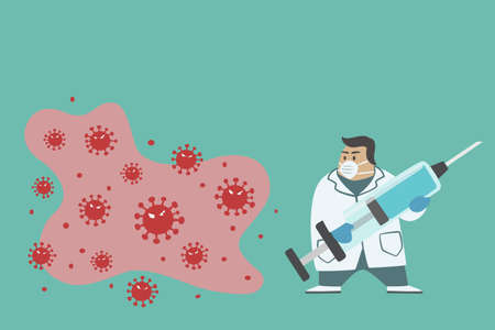 The doctor holding syringe vaccine to fight against virus.Flu influenza vaccine clinical trials concept. vector illustration.のイラスト素材