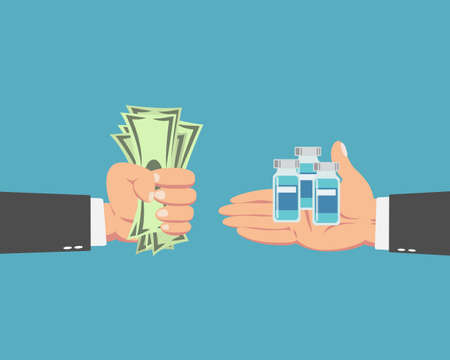 Hand of businessman with money buying the Coronavirus vaccine isolated on blue background.Covid-19 corona virus vaccination with vaccine bottle.のイラスト素材