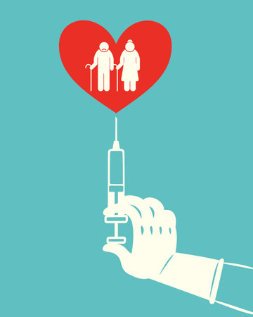 Senior Vaccination with love concept design. Syringe with vaccine for COVID-19 and red heart, immunization for Senior citizen.のイラスト素材