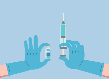 Doctor, nurse, scientist hand in blue rubber gloves holding bottle of vaccine and syringe of coronavirus, covid-19 vaccine disease preparing for child, baby, adult, man and woman vaccination shot, medicine and drug concept.のイラスト素材