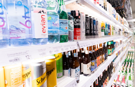 CHIANGMAI,THAILAND - January 3,2024 -Variety of Sift drink,Beer,Craft beer,wine and Mineral water on Freezer shelves at Supermarketのeditorial素材