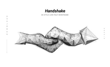 Handshake. Abstract illustration two hands handshake isolated on white background. Symbol future or innovation or technology. Low poly wireframe. Particles are connected line. Low poly wireframe.のイラスト素材