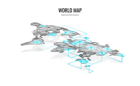 World map isometric. Polygonal wireframe composition. Connection between cities. Concept for logistics. Abstract isolated on white background. Particles are connected in a geometric silhouette.のイラスト素材