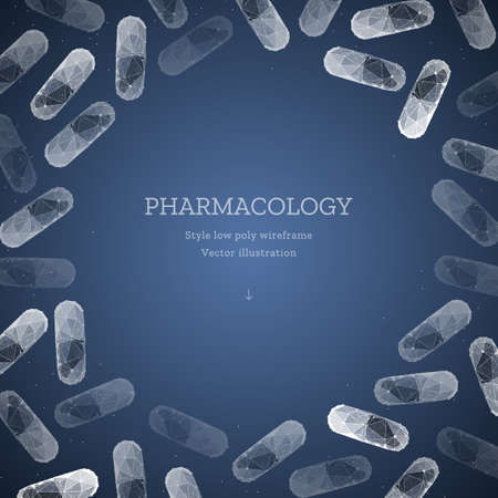 Medication or pill or capsule. Low poly wireframe style. Background for pharmacology. Abstract illustration isolated on blue background. Particles are connected in a geometric silhouetteのイラスト素材