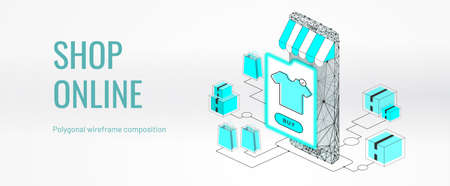 Online store. Smartphone - internet shop. Isometric smartphone with awning and clothing catalog. Concept of mobile marketing and e-commerce. Abstract isolated on white background.のイラスト素材