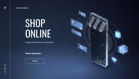 Online store. Smartphone - internet shop. Low poly wireframe style. Isometric smartphone with awning...