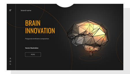 Web page with a silhouette of the brain. Polygonal wireframe composition. Abstract illustration isolated on black background. Particles are connected in a geometric silhouette.のイラスト素材