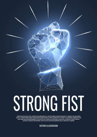 Gesture hands. Geometric polygon wireframe style. Business concept of force or power. Starry sky or constellation fist. Abstract fist isolated on blue background. Plexus lines and points in silhouetteのイラスト素材