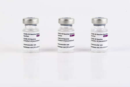 San SebastiÃ¡n, Guipuzcoa Spain; February 02 2021: Covid-19 coronavirus AstraZeneca vaccine vials...