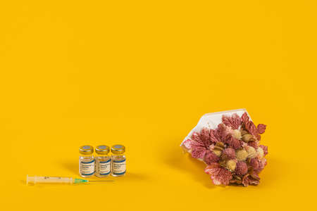 Three Coronavirus Vials And Syringe With Medical Face Mask With Pink Flowers On It. Creative concept of seasonal flu, allergies or coronavirus.の写真素材