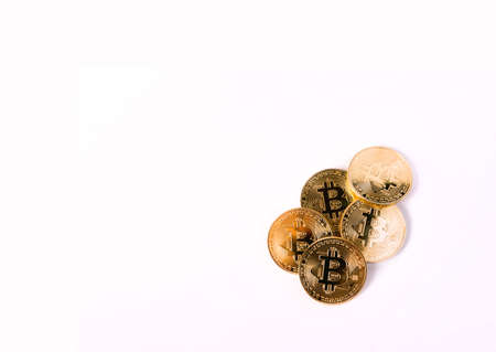 Bitcoin Crypto Currency - Close Up Of Set Of Golden Bitcoin Coins Isolated On White Background. Bitcoin Domination Concept. Copy Space.の写真素材