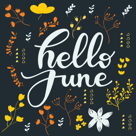 Greeting card design with lettering Hello June. Vector illustration.のイラスト素材