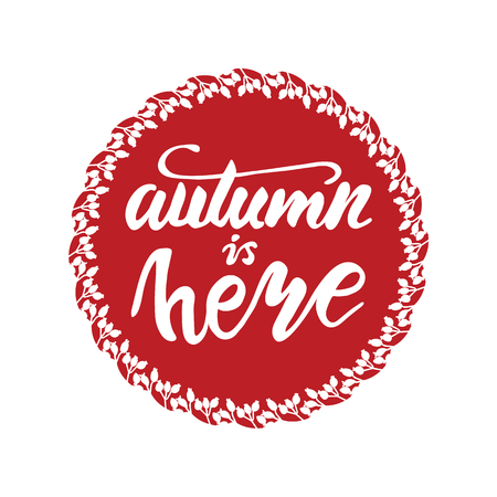 Greeting card design with lettering Autumn is here. Vector illustration.のイラスト素材