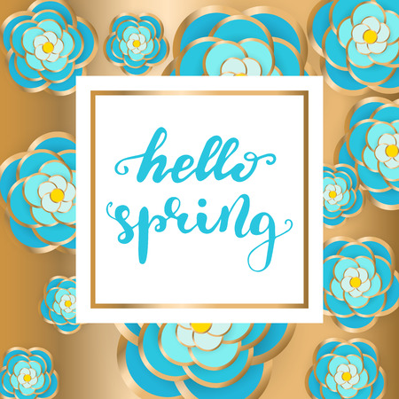 Hello Spring square banner design with flowers on background. Vector illustrationのイラスト素材