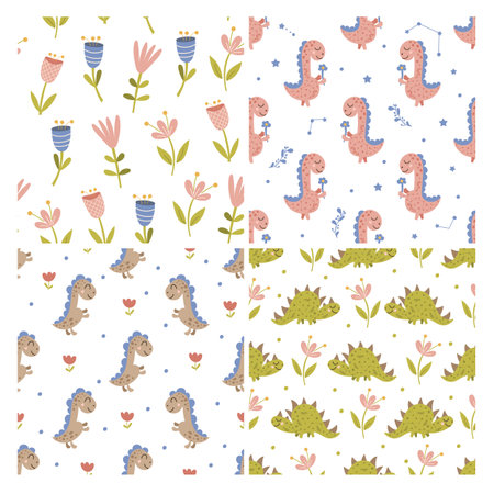 Set of dinosaur and floral patterns. Vector illustration.のイラスト素材
