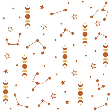 Abstract line art seamless pattern with stars and rainbows. Vector illustration.のイラスト素材
