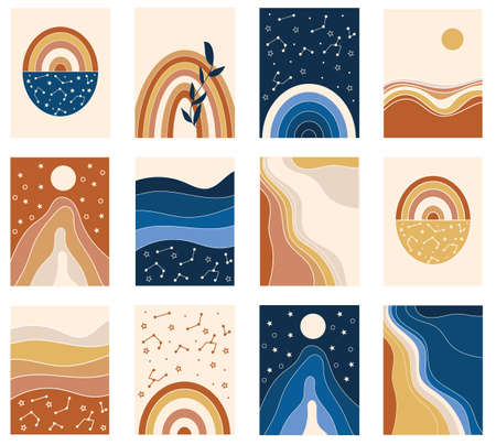 Abstract landscapes and rainbow clipart. Vector illustration.のイラスト素材