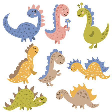 Cute baby dinosaurs clipart. Vector illustration on isolated background.のイラスト素材
