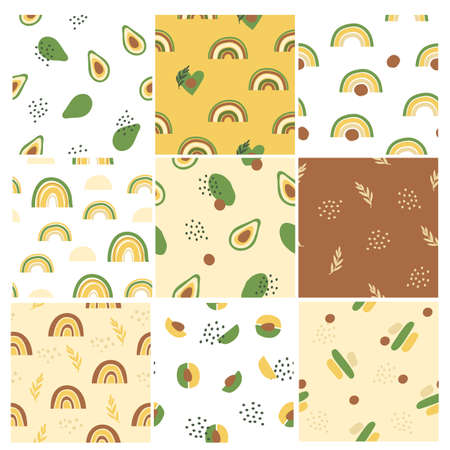 Set of patterns with avocado shapes, rainbows and abstract elements. Vector illustration.のイラスト素材