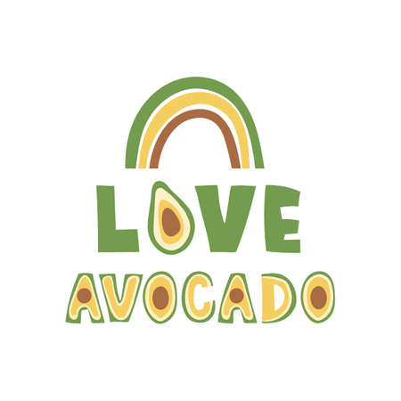 Love avocado - abstract lettering design with rainbow. Vector illustration.のイラスト素材
