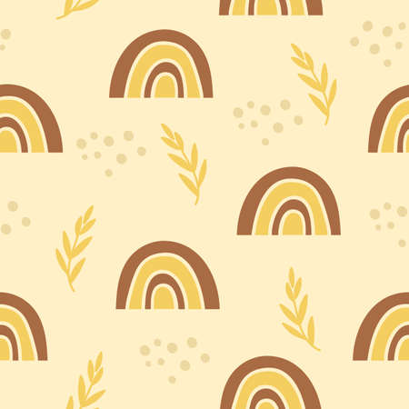 Seamless pattern with rainbows and floral elements. Vector illustration.のイラスト素材