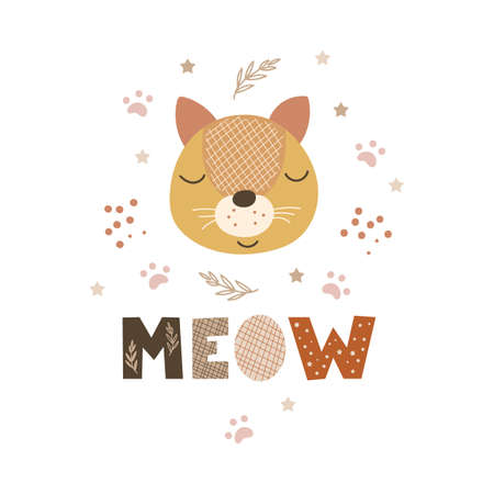 Meow - cute nursery decor design. Vector illustration.のイラスト素材