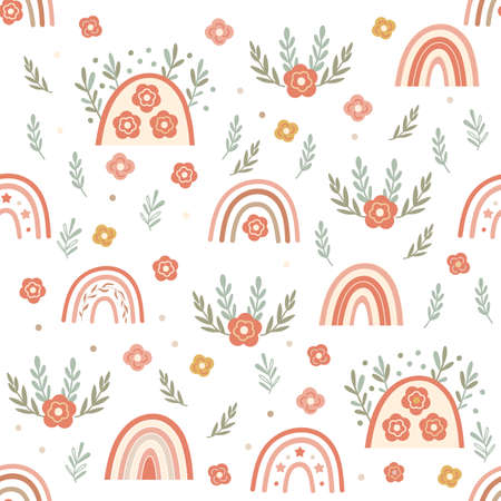 Children Seamless pattern design with with rainbows and florals. Vector illustration.のイラスト素材