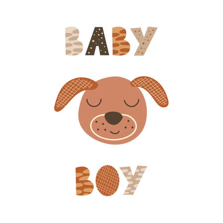 Baby boy - lettering nursery poster design with dog face. Vector illustration.のイラスト素材