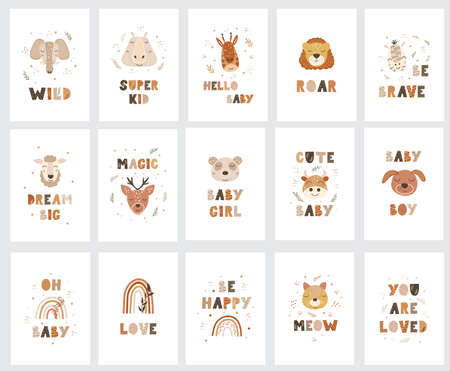 Set of posters with animal faces and lettering phrases. Vector illustration.のイラスト素材