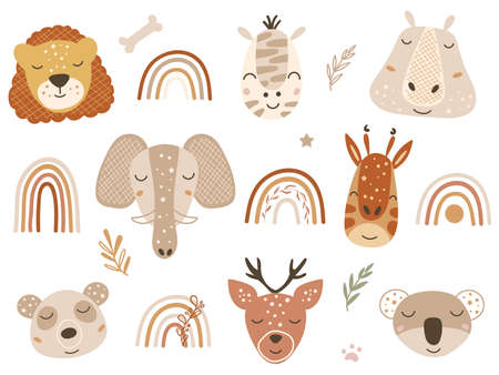 Safari clipart with baby animal faces and rainbows. Vector illustration.のイラスト素材