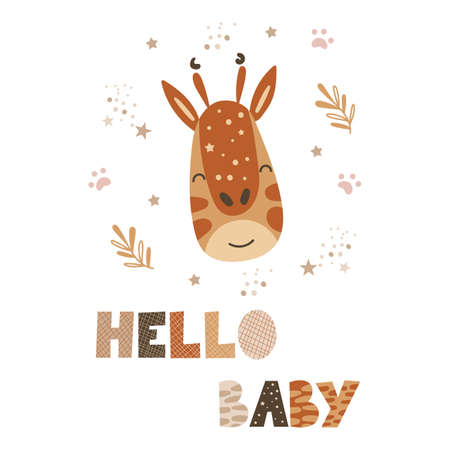 Hello, Baby - cute nursery decor design. Vector illustration.のイラスト素材
