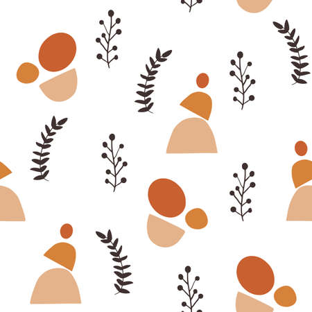 Seamless pattern design with floral elements and abstract shapes. Boho style. Vector illustration.のイラスト素材